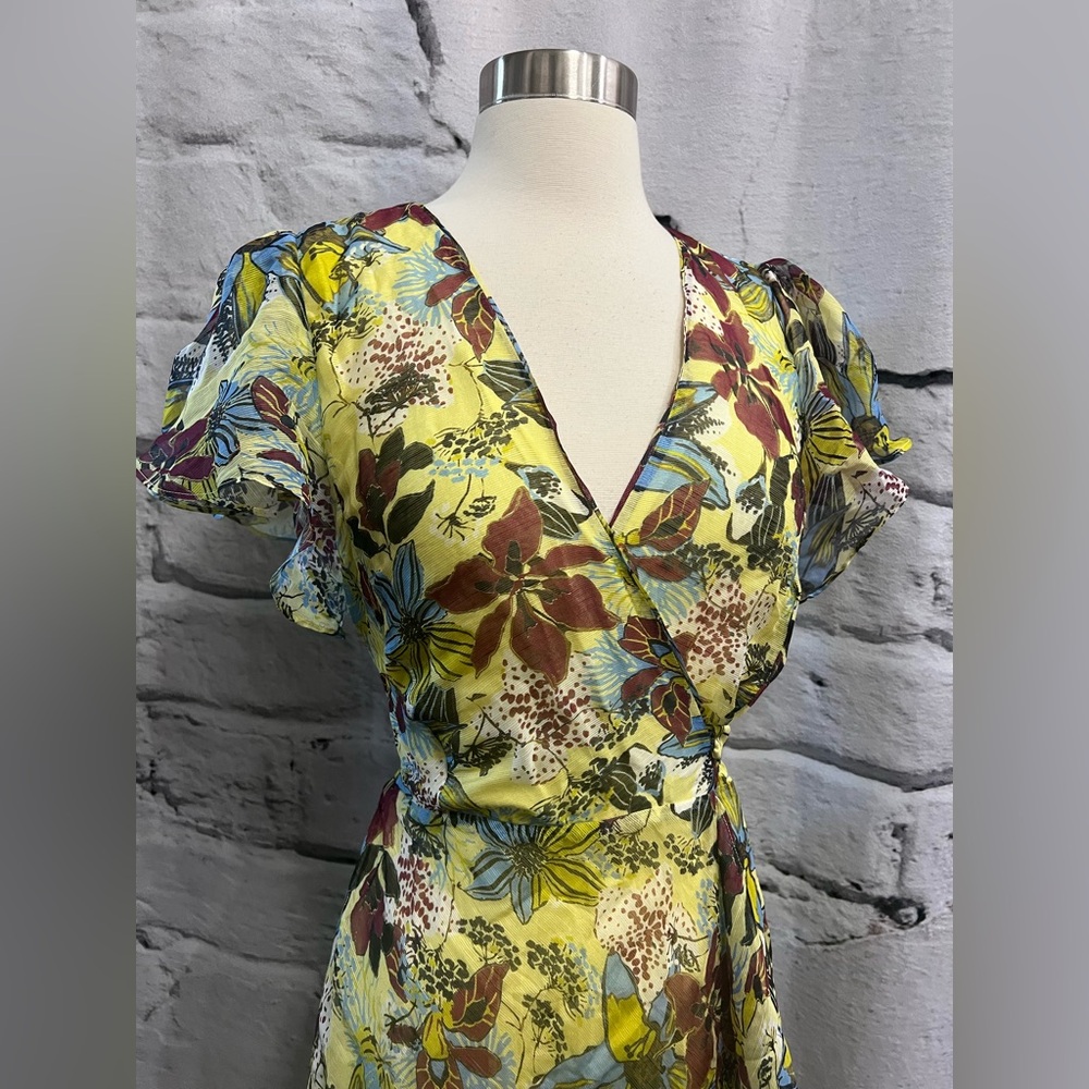 Tanya Taylor Blaire Linen Silk Midi Dress Ruffle Floral Gauze Summer Romantic - Picture 7 of 12